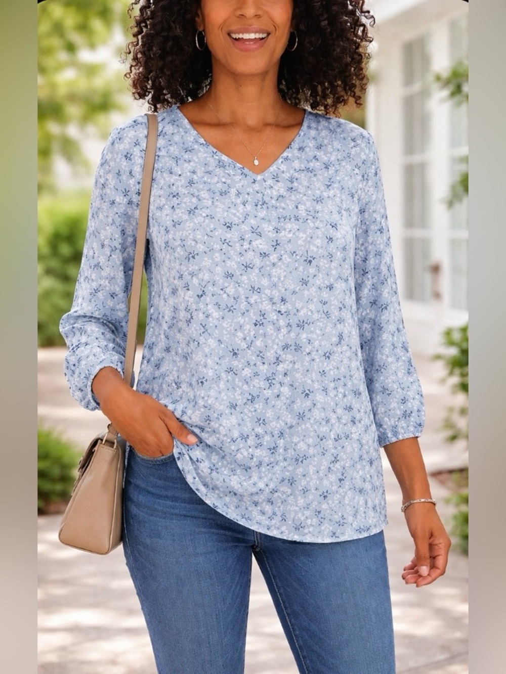Mario Serrani Light Blue Floral V-Neck Blouse size XL